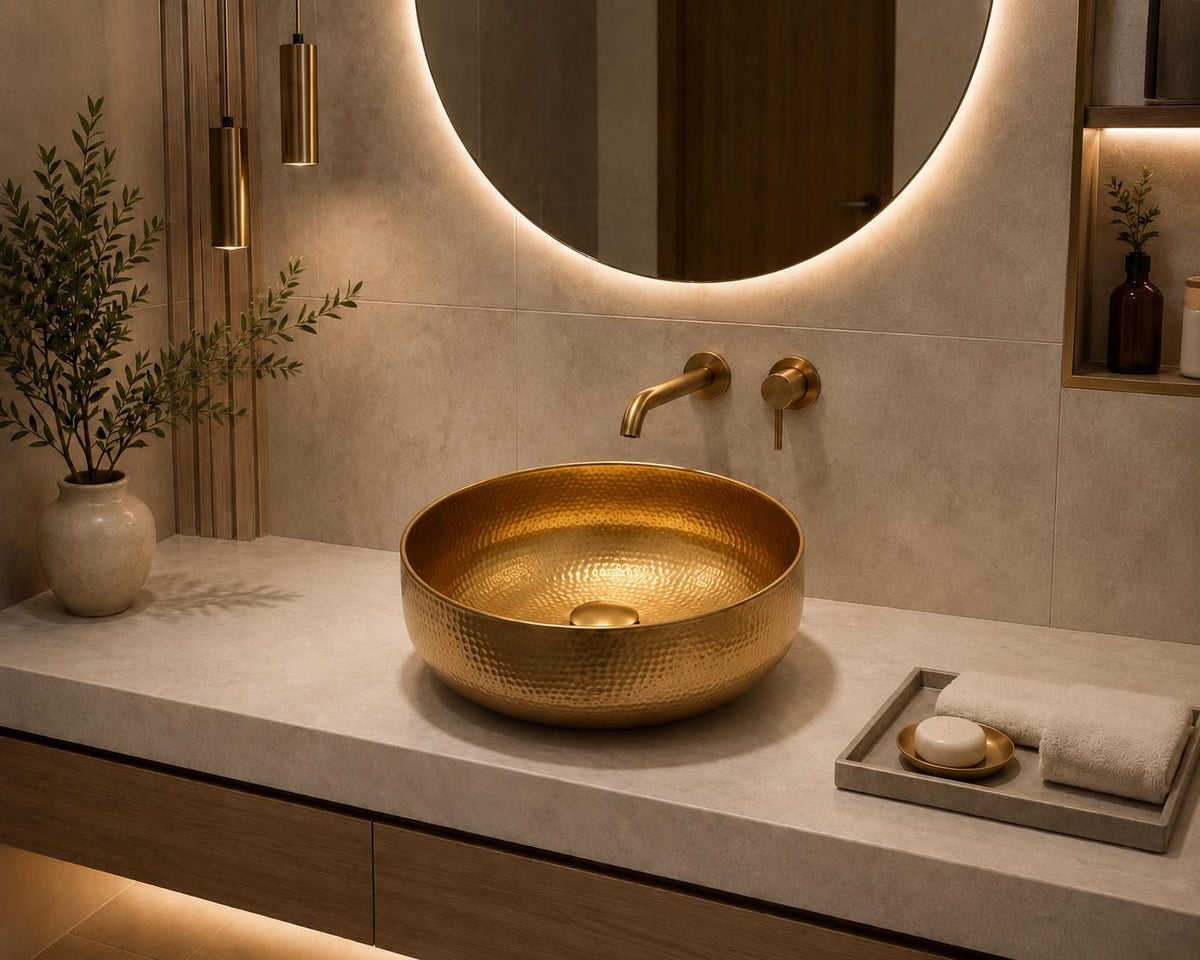 Moroccan hammered brass countertop sink in a warm gold finish