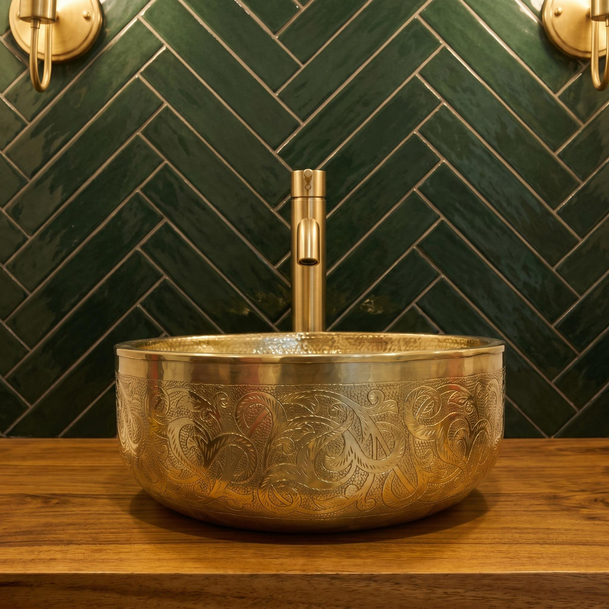 Premium countertop brass sink with artisan Moroccan engravings