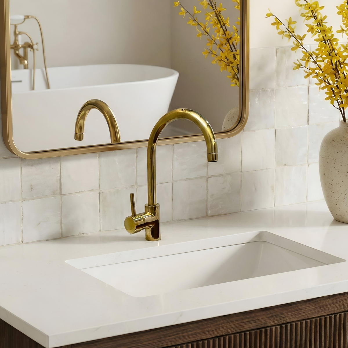 Premium deck-mounted brass bathroom faucet with a minimalist design