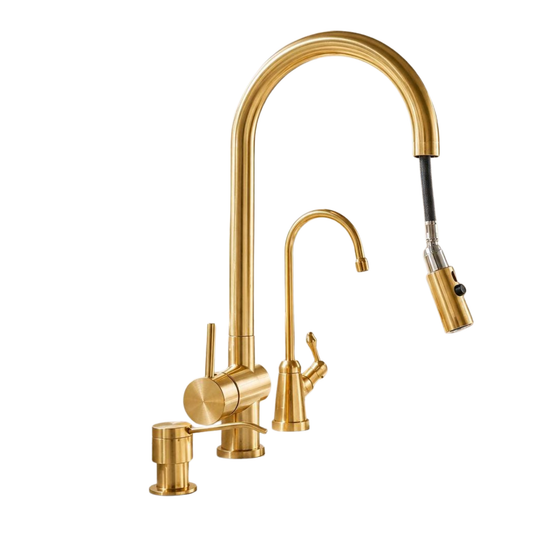 Pull down kitchen faucet in unlacquered brass