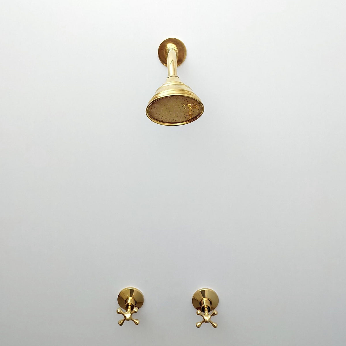 Round brass rainfall shower with classic cross handles