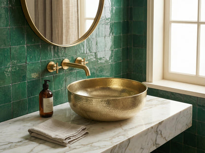 Round countertop brass vessel sink installed on a natural stone vanity