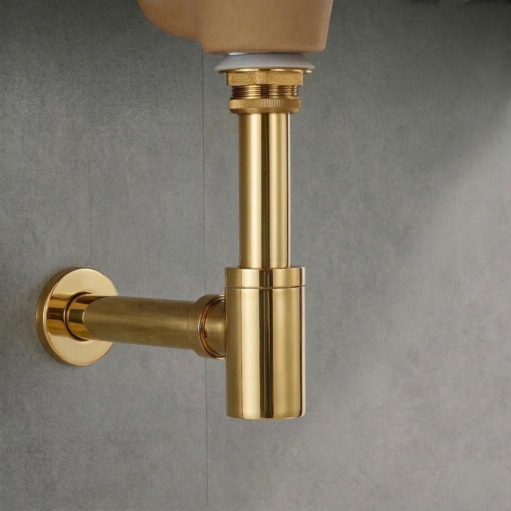 Round solid brass bottle trap with a decorative box flange