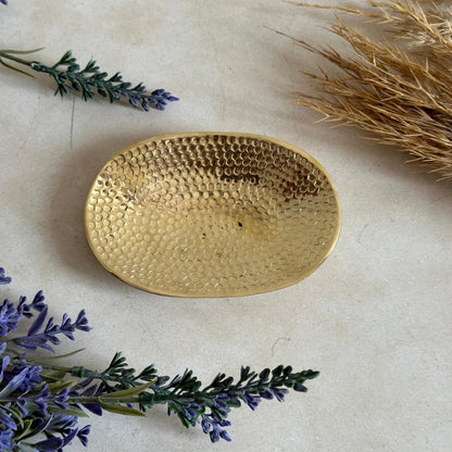 Rustic solid brass soap holder with a textured hammered finish