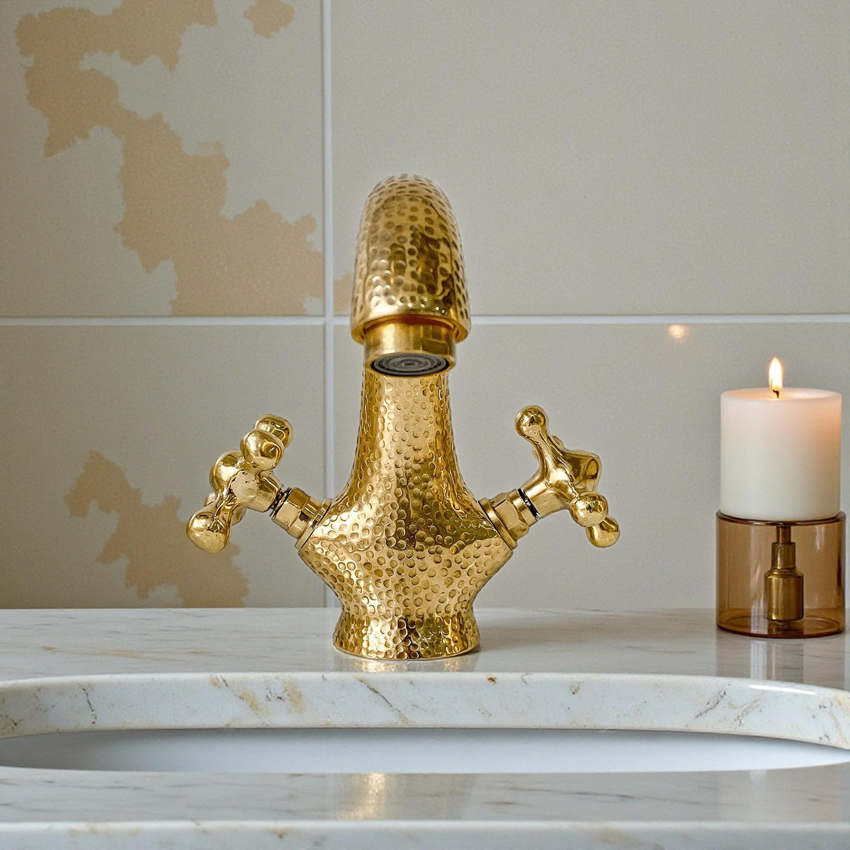 Side view of solid brass single hole bathroom faucet with curved spout