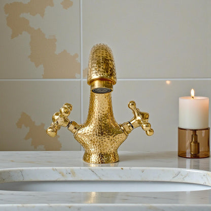 Side view of solid brass single hole bathroom faucet with curved spout