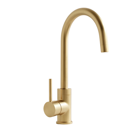 Single handle gooseneck kitchen faucet in unlacquered brass