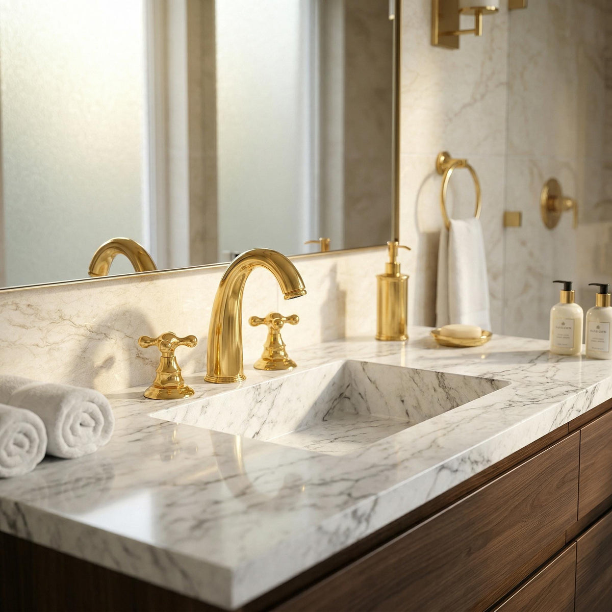 Solid brass 3-hole bathroom faucet with gooseneck spout