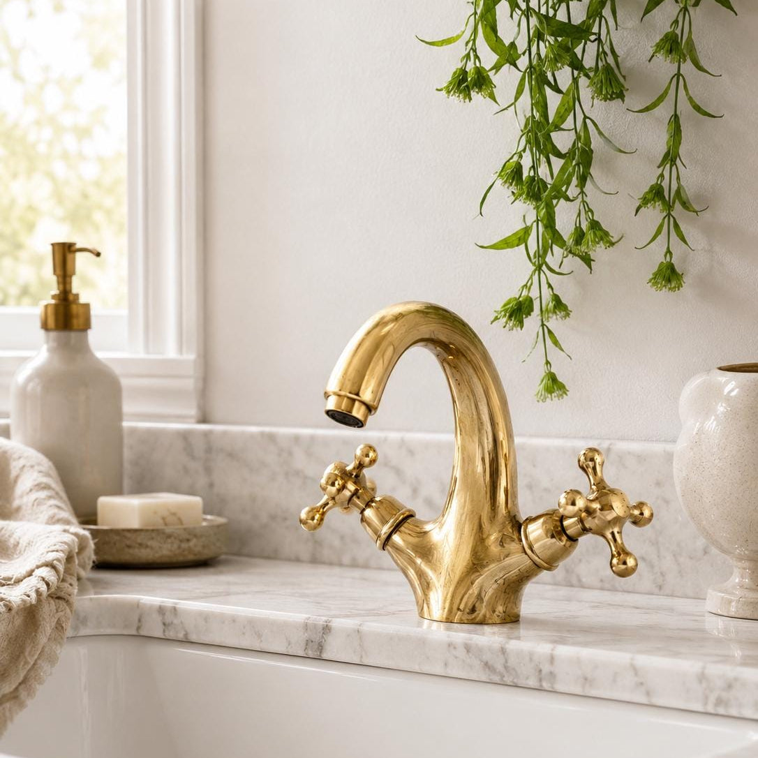 Solid brass bathroom faucet handcrafted in Marrakech