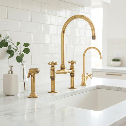 Solid brass bridge faucet for a luxury farmhouse kitchen