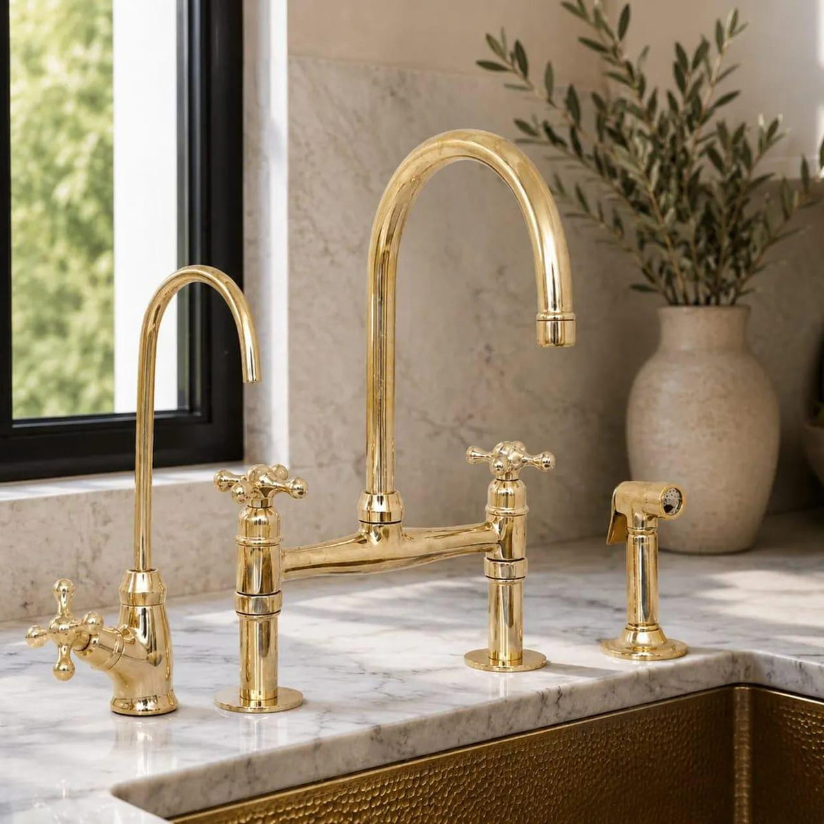 Solid brass bridge kitchen faucet for a luxury farmhouse kitchen