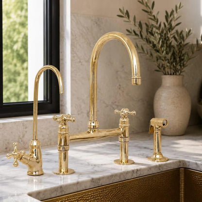 Solid brass bridge kitchen faucet for a luxury farmhouse kitchen