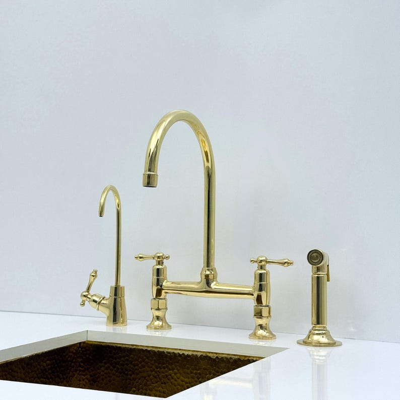 Solid brass bridge kitchen faucet for farmhouse kitchens