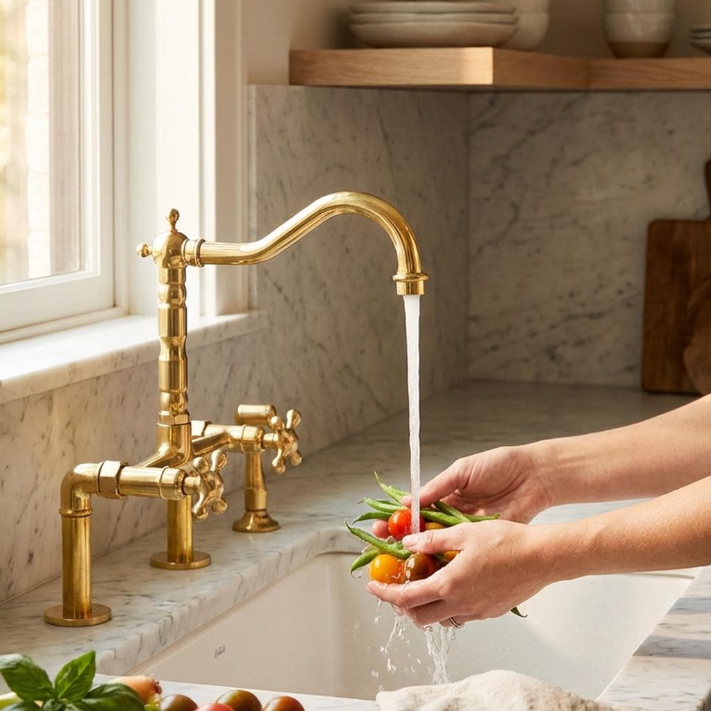 Solid brass bridge kitchen faucet with a high-arc spout
