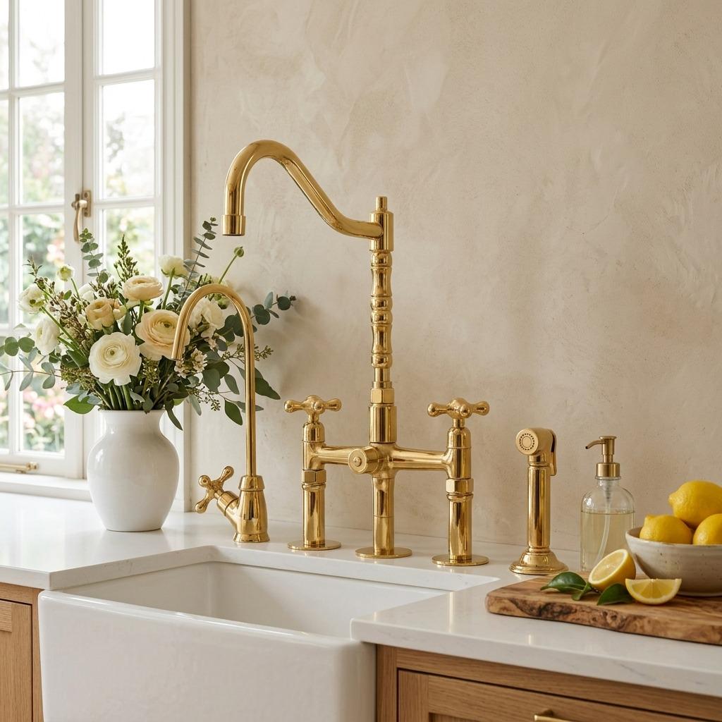 Solid brass kitchen faucet with high-arc gooseneck spout