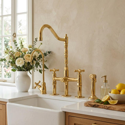 Solid brass kitchen faucet with high-arc gooseneck spout