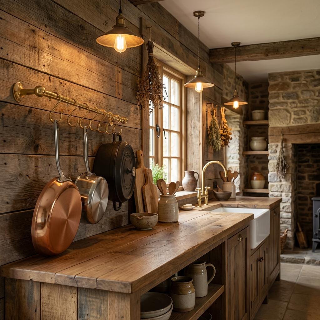 Solid brass kitchen rail for hanging pots and pans