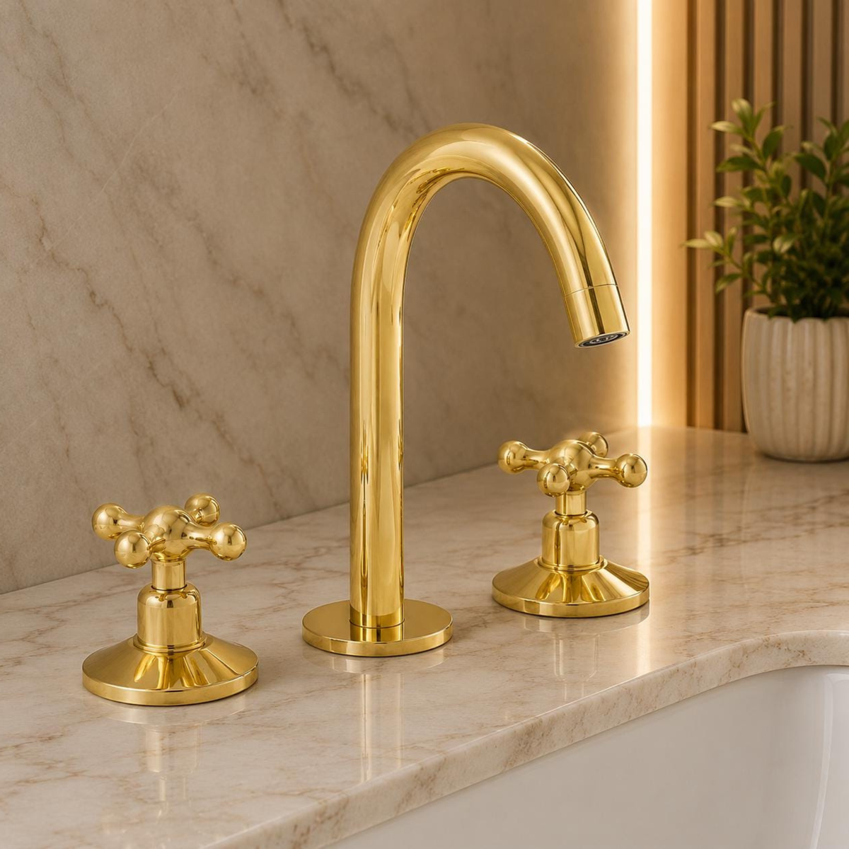 Solid brass three-hole bathroom faucet with dual handles