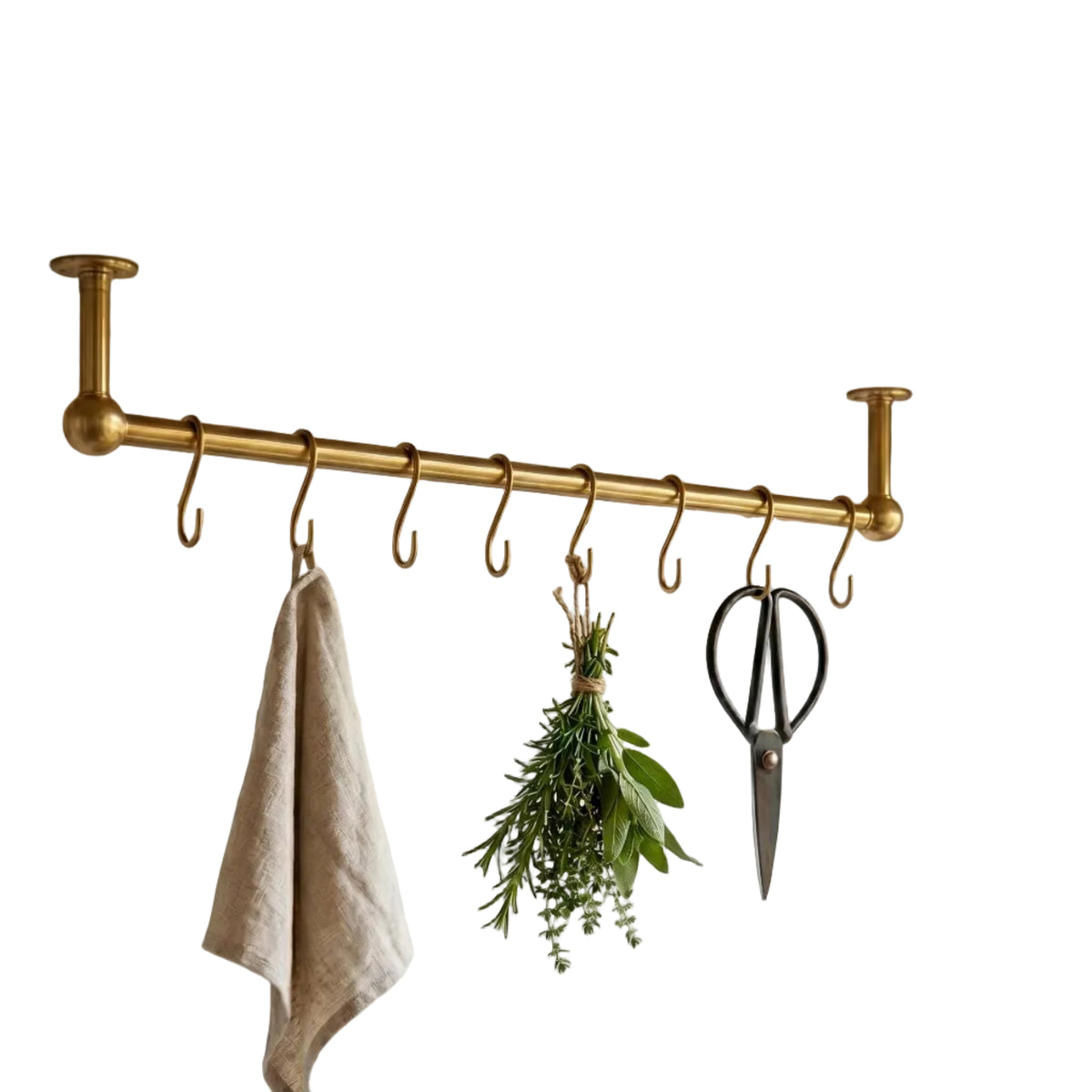 solid brass wall mount kitchen rail with S-hooks and pot hanger