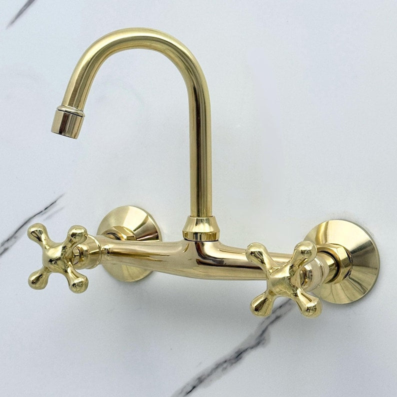 Solid brass wall mount sink faucet with elegant curved gooseneck spout