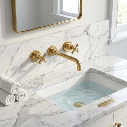 Solid brass wall mounted bathroom faucet with curved spout and living brass finish