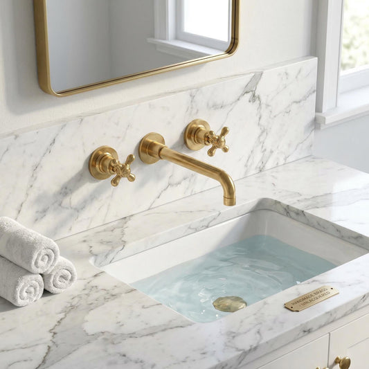 Solid brass wall mounted bathroom faucet with curved spout and living brass finish