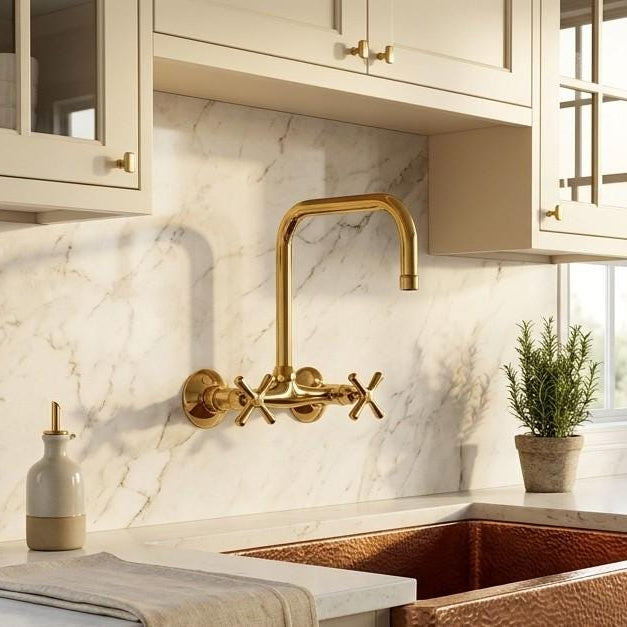 Solid brass wall mounted bridge faucet with a swivel spout