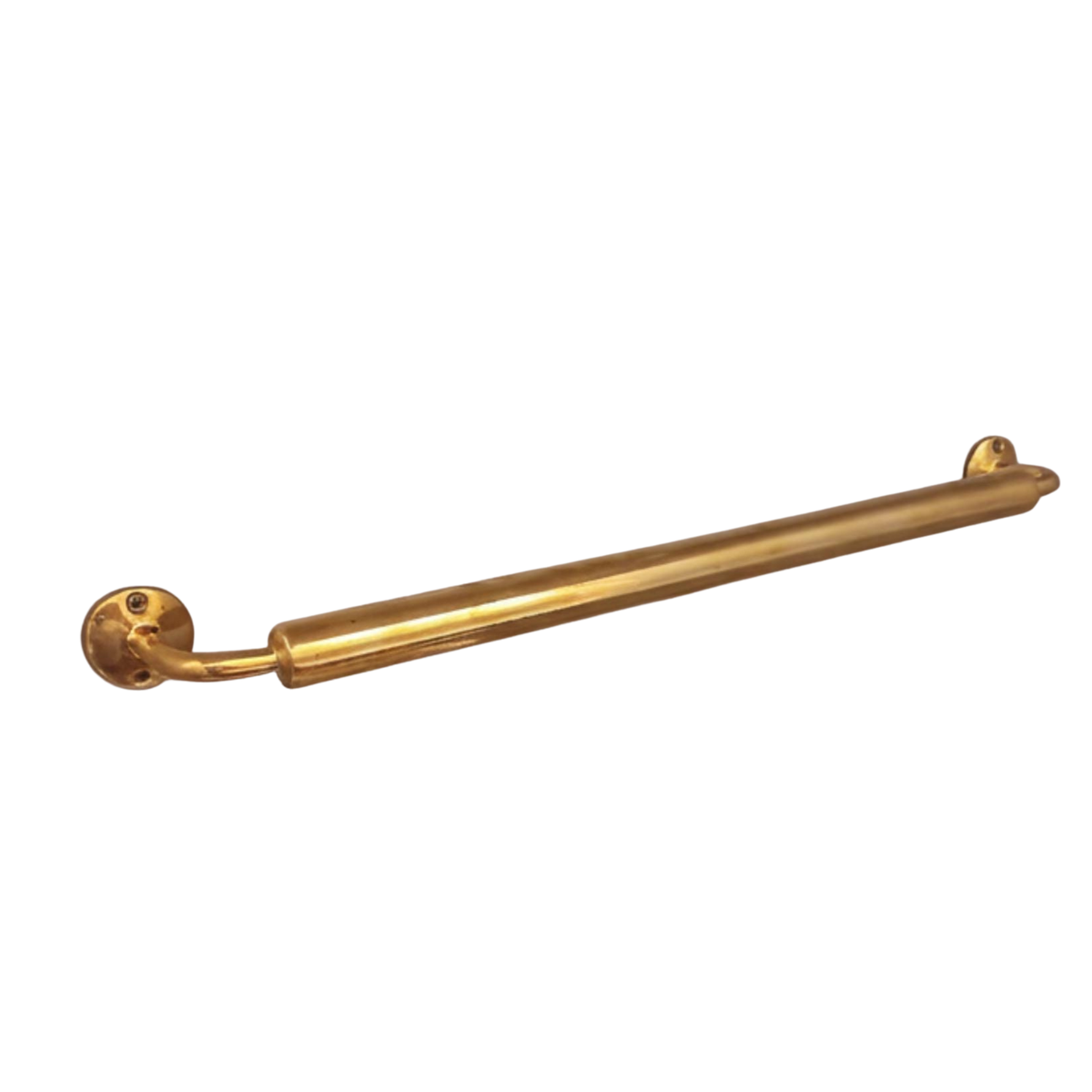 Solid unlacquered brass towel bar mounted on a bathroom wall