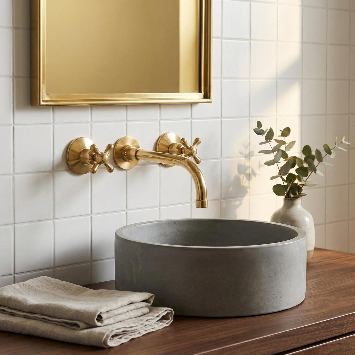 Three-hole wall mounted brass bathroom faucet with cross handles