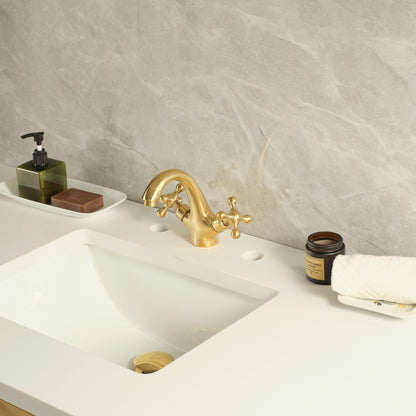 Top view of widespread unlacquered brass bathroom faucet for 3-hole sink installation