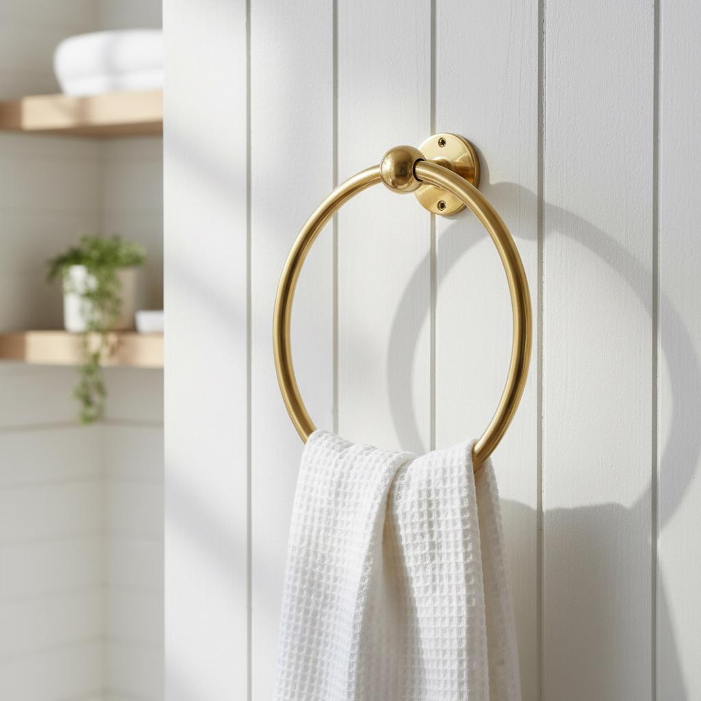 Traditional brass towel ring with concealed wall mounting