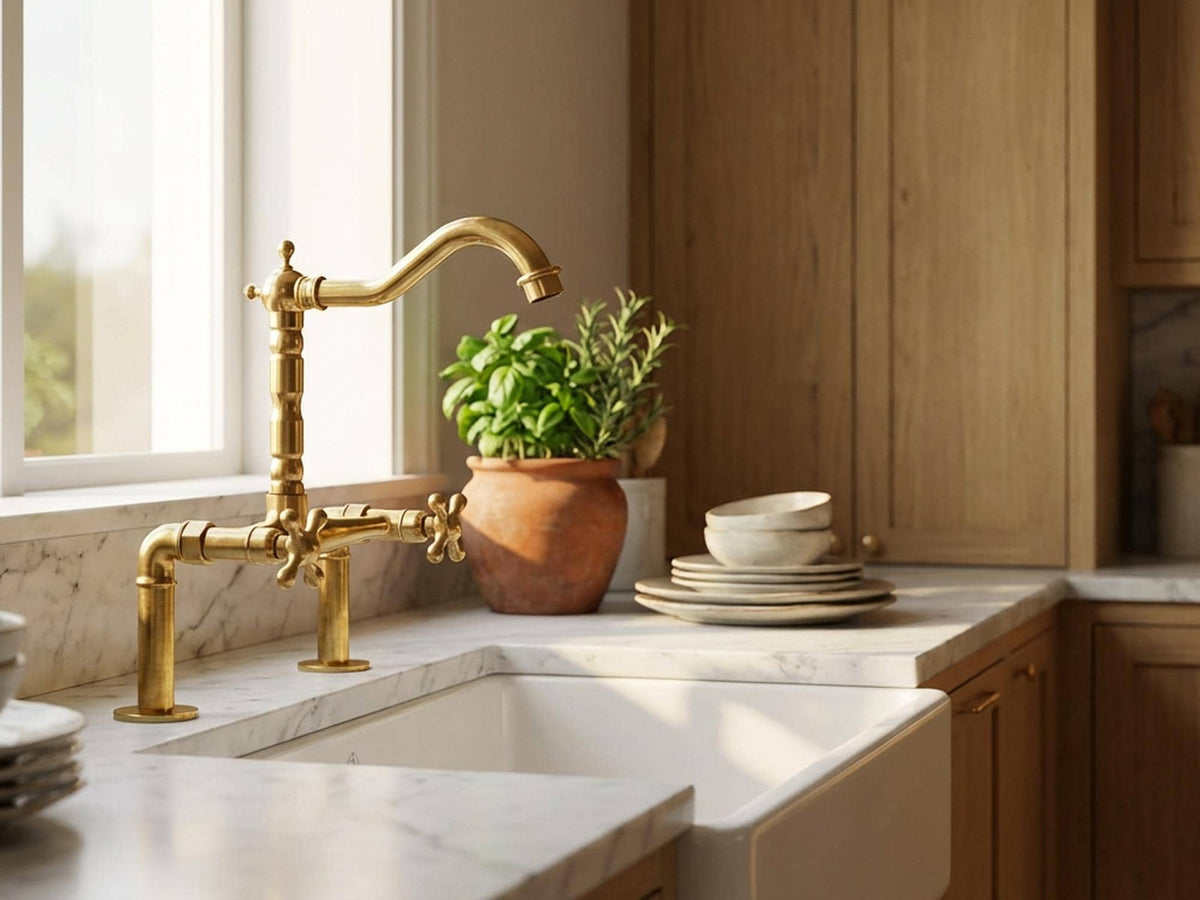 Traditional bridge kitchen faucet with a living brass finish