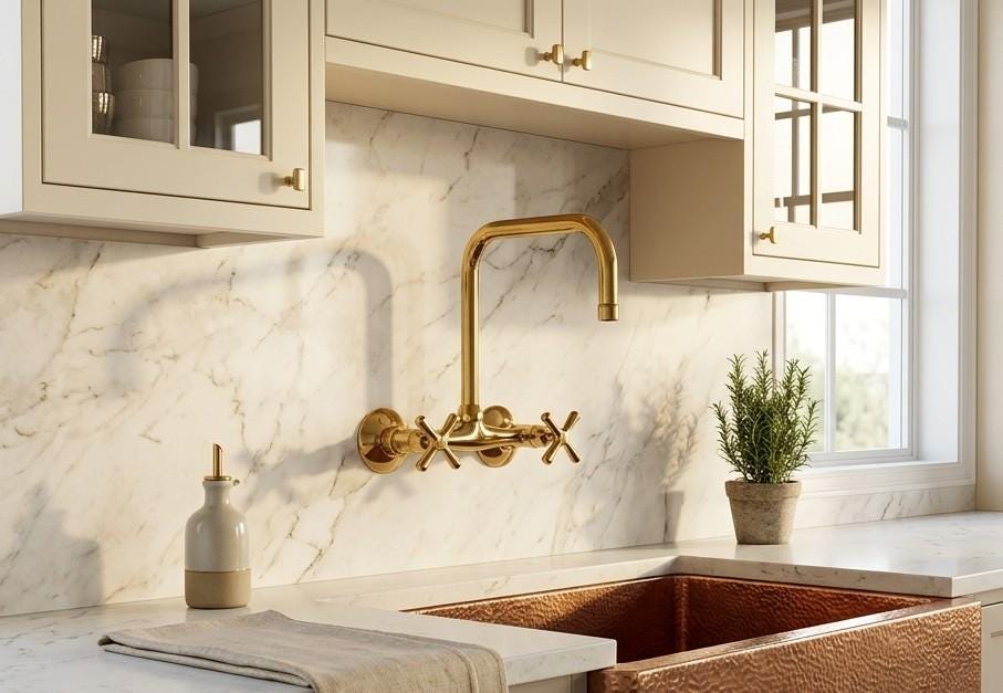 Traditional wall mount bridge faucet with a gooseneck spout