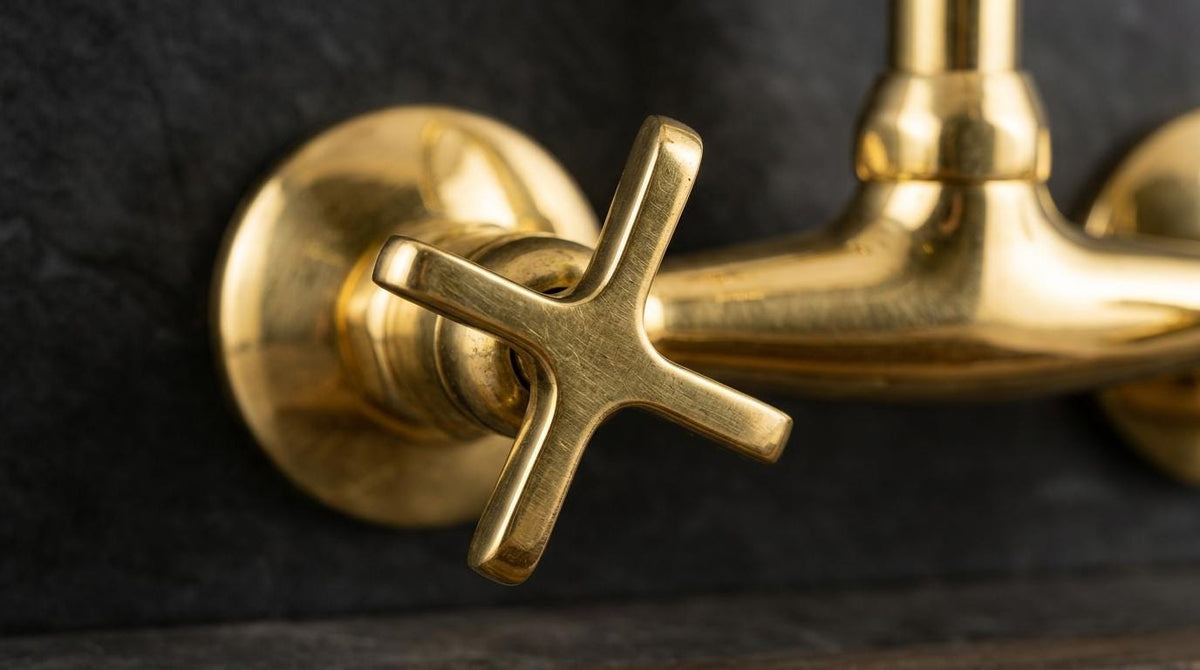 Unlacquered brass bridge faucet with dual handles