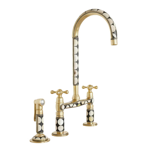 Unlacquered brass bridge kitchen faucet with resin inlay and sprayer