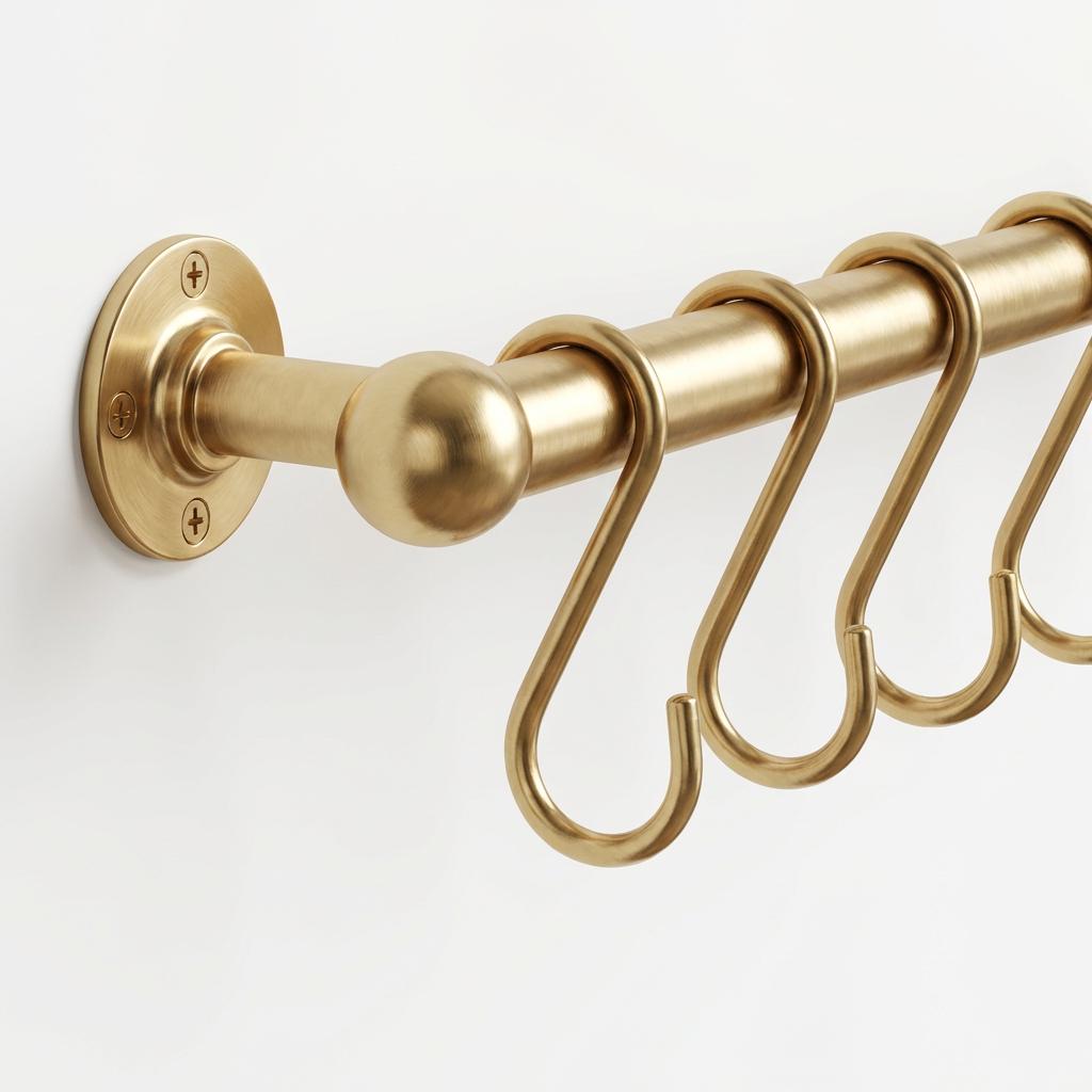 Unlacquered brass cookware rack for farmhouse kitchens