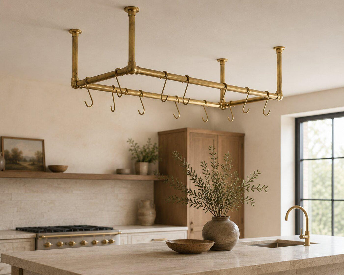 Unlacquered brass hanging pot rack for farmhouse kitchens