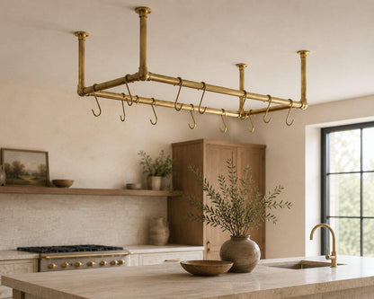 Unlacquered brass hanging pot rack for farmhouse kitchens
