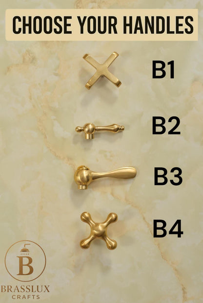 Unlacquered brass patina finish on widespread bathroom faucet