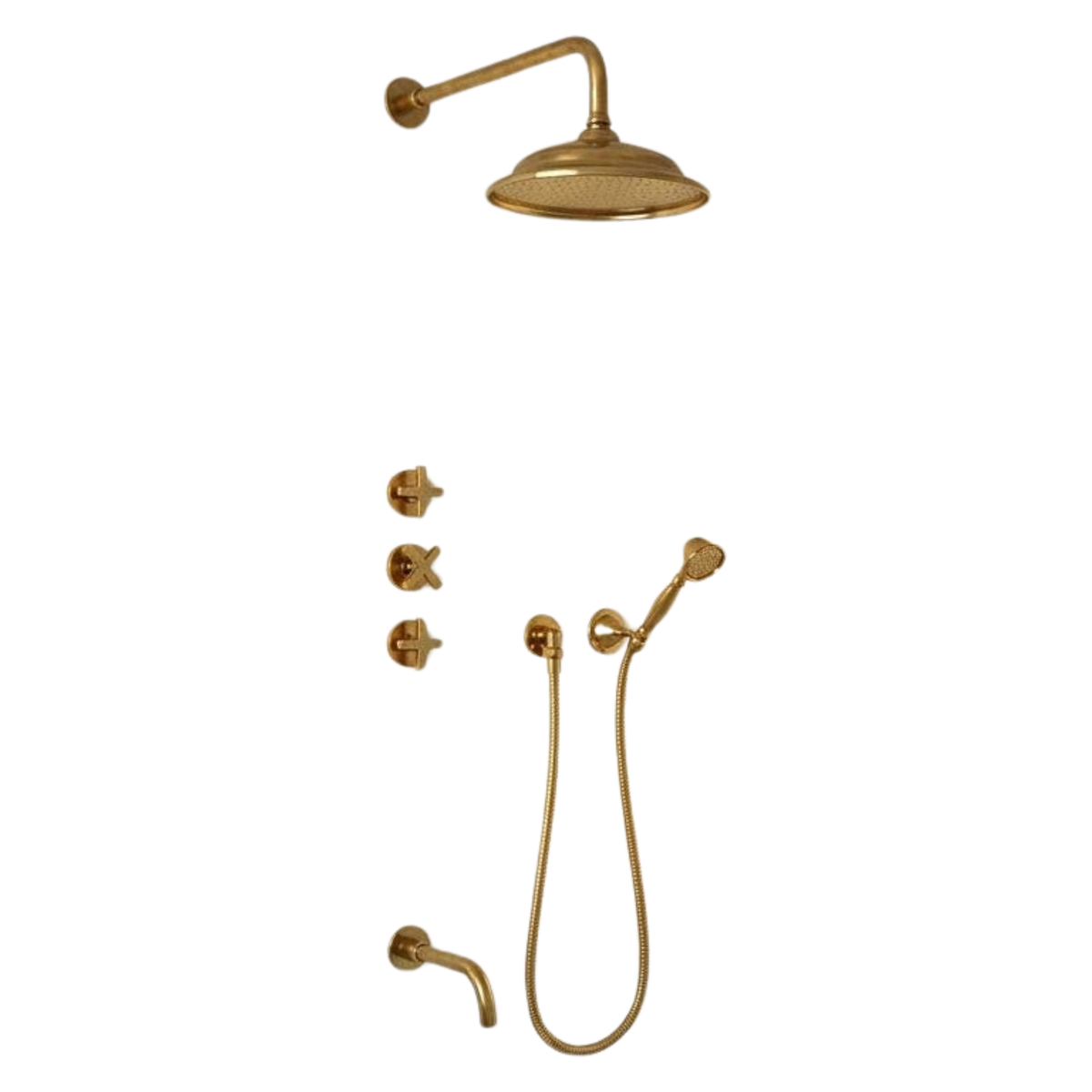 Unlacquered brass rain shower system with an 8-inch rainfall shower head