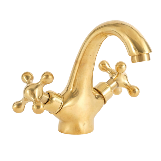 Unlacquered Brass Single Hole Bathroom Faucet with Cross Handles