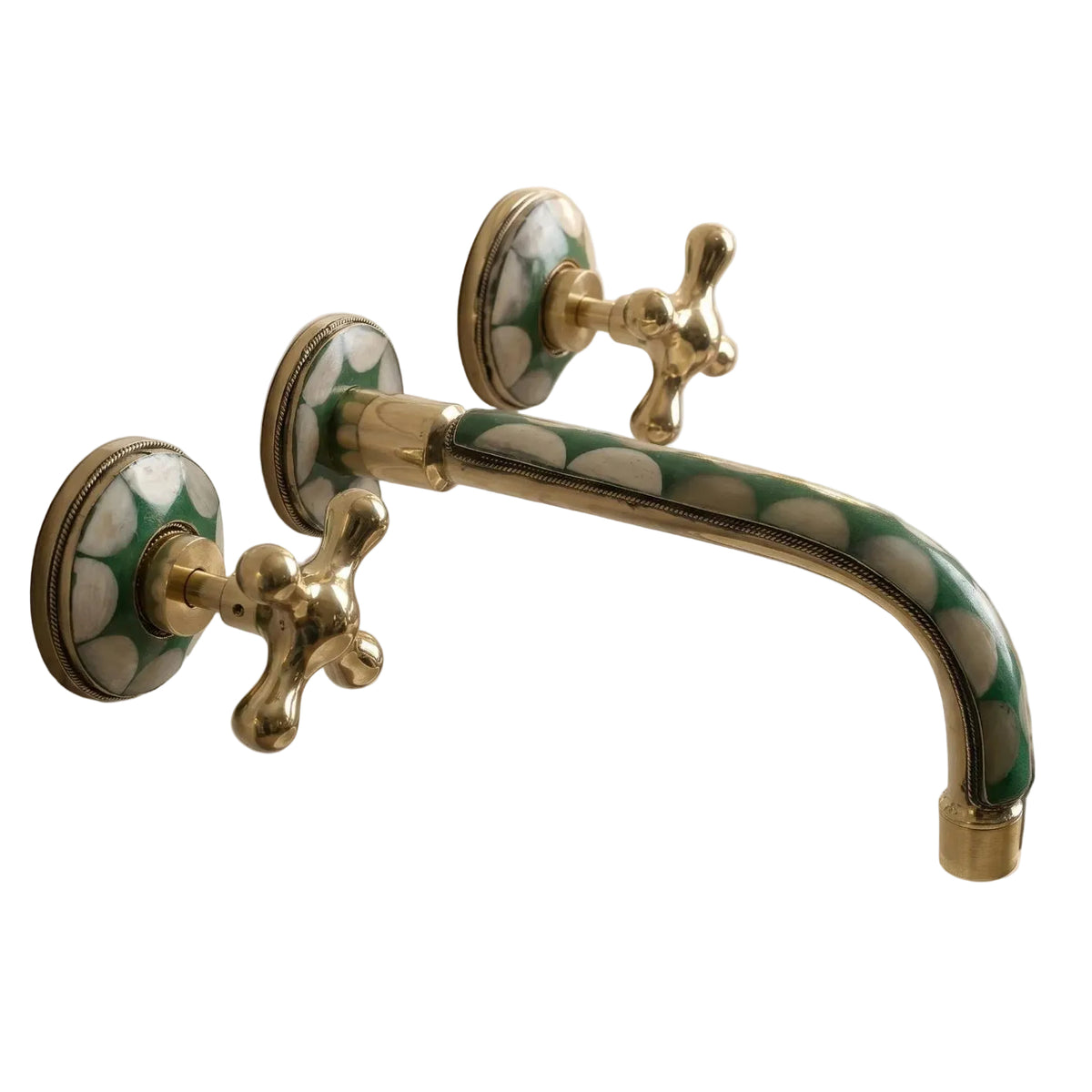 Unlacquered brass wall mount faucet with green resin bone inlay