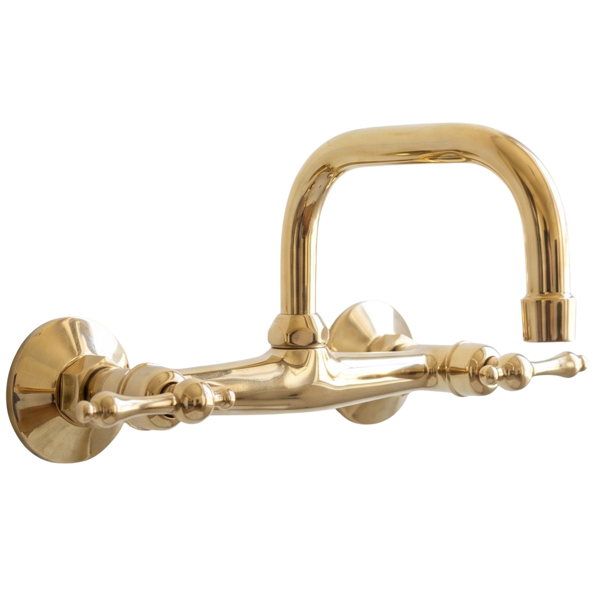Unlacquered brass wall mounted bathroom faucet with elegant lever handles