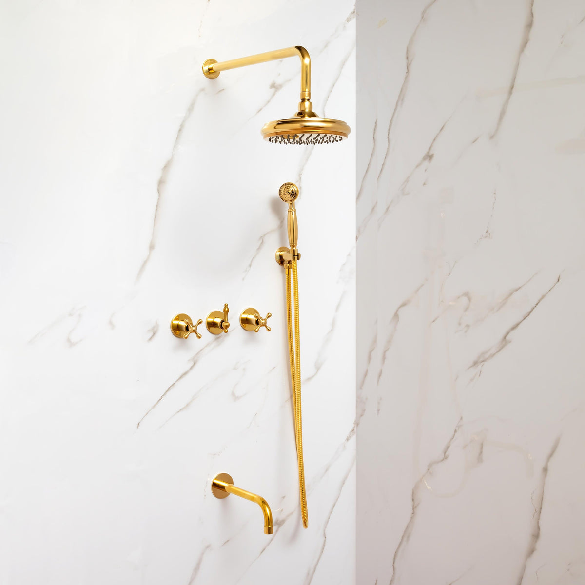 Unlacquered solid brass concealed shower system with a rainfall shower head
