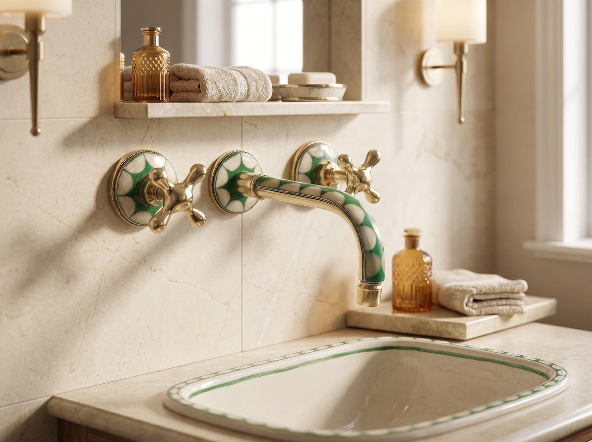 Vintage cross handles on unlacquered brass wall faucet
