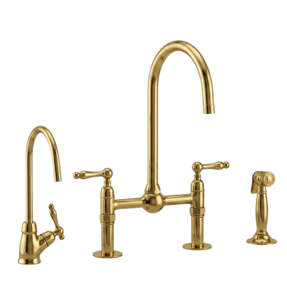 Vintage unlacquered brass bridge kitchen faucet with side sprayer