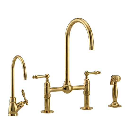 Vintage unlacquered brass bridge kitchen faucet with side sprayer