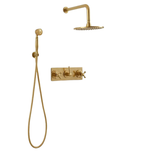 Vintage wall mounted brass shower system with a 10-inch rainfall shower head