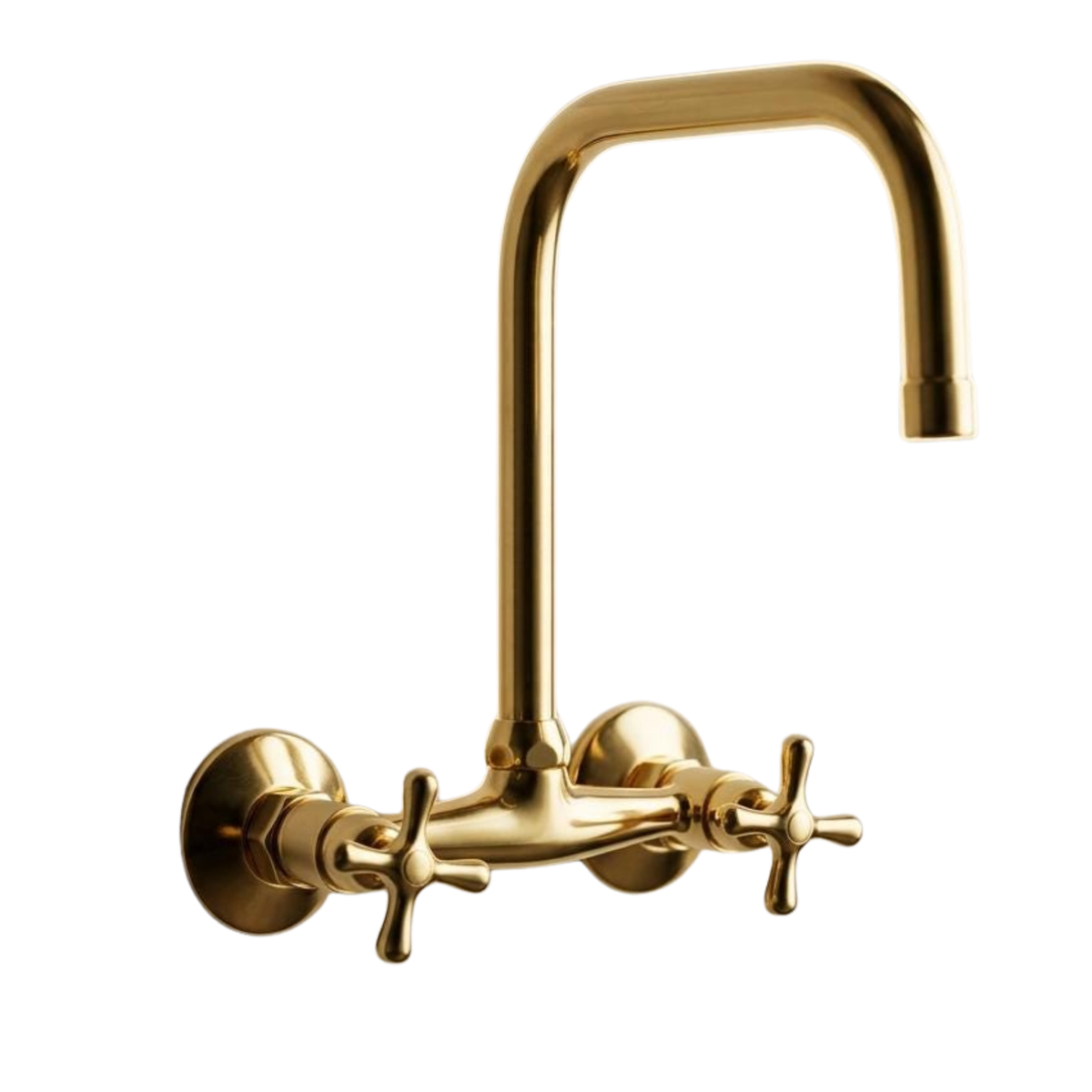 Wall mount bridge kitchen faucet in unlacquered brass