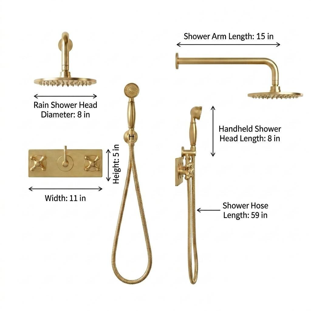 Wall mounted brass rain shower with a flexible handheld sprayer